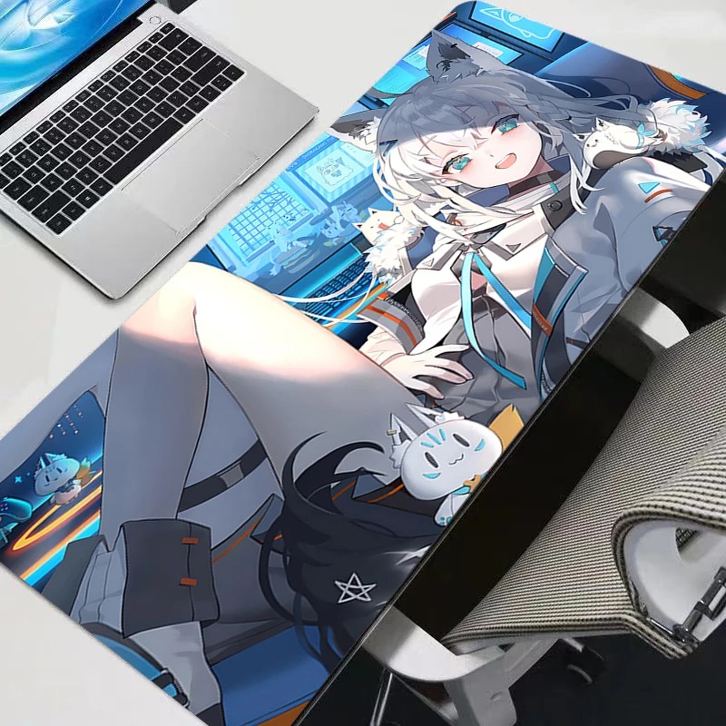 Office Tech Background - แผ่นรองเมาส์อนิเมะ ขนาด XXL สำหรับเกมเมอร์ ลายสองสี เทา-ขาว