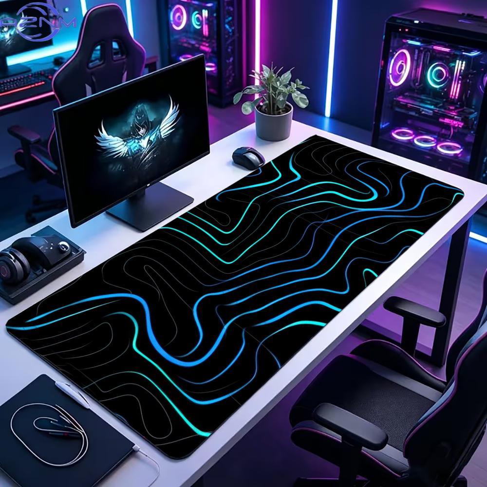 Office Tech Background - แผ่นรองเมาส์เกมมิ่งขนาดใหญ่ XXL แผ่นรองคีย์บอร์ด สีฟ้า นีออน ลายเส้นคอนทัวร์